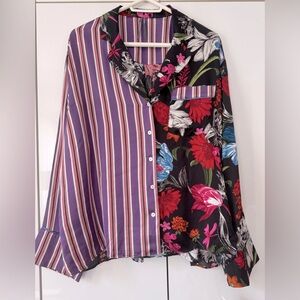 Anthropologie Mixed-Print Purple & Black Floral Stripe Button-Up Top